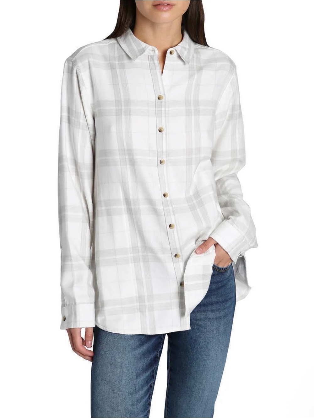 White Plaid Button-Down Shirt - Relaxed Long Sleeve